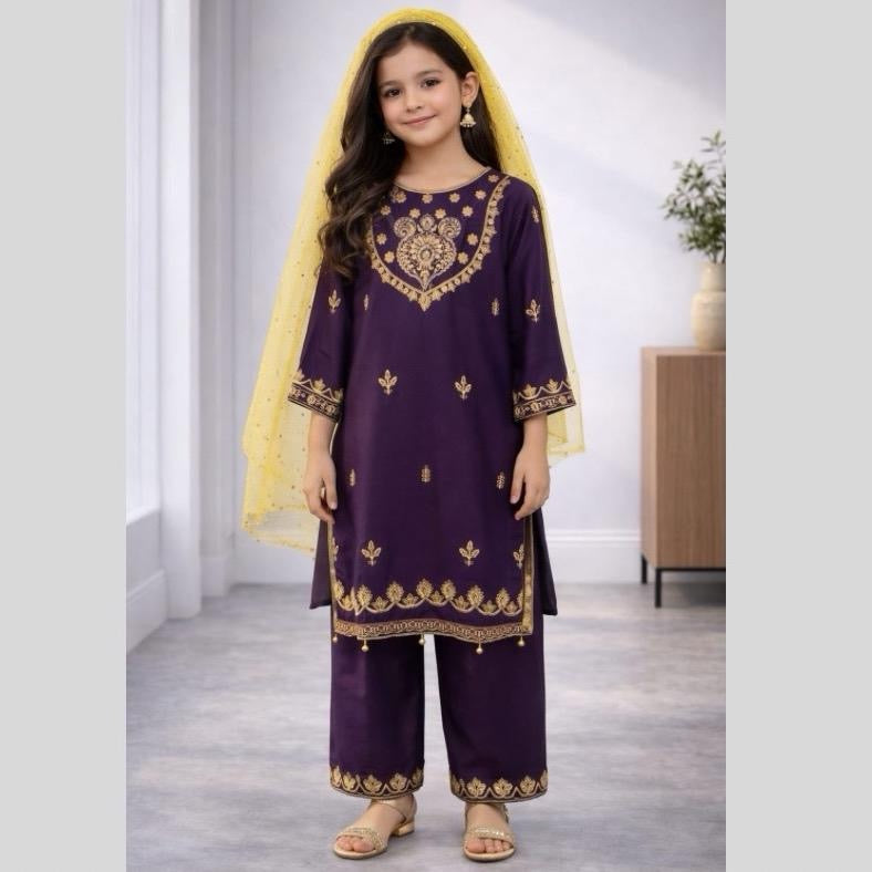 Kids Winter Dhanak Embroidered 3-Piece Suit (Shirt, Trouser & Dupatta)