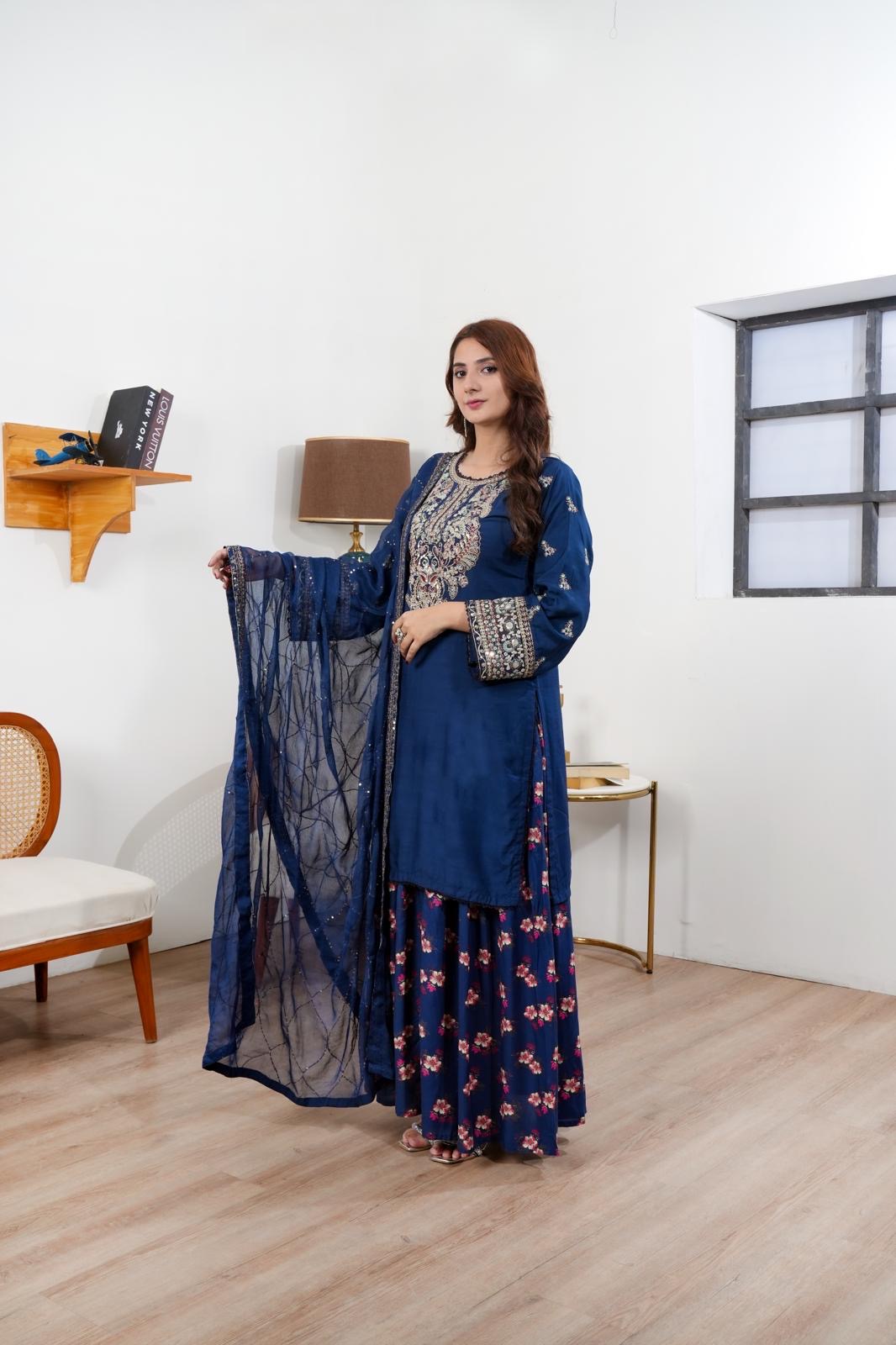 Embroidered Viscose Suit with Printed Sharara & Sequins Chiffon Dupatta