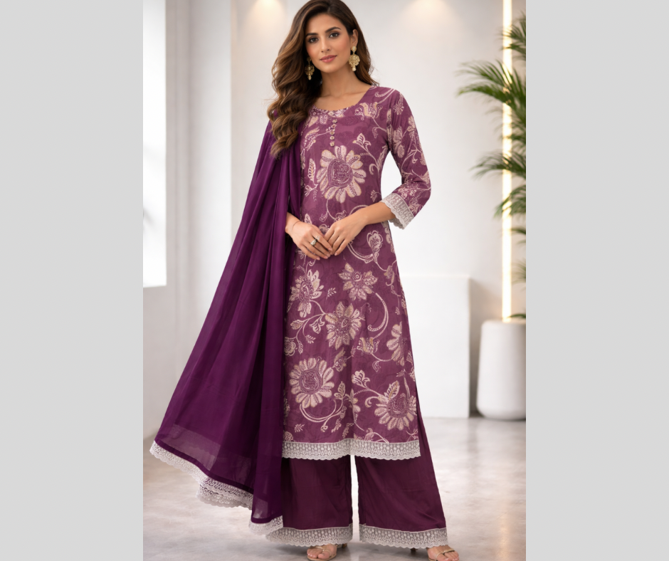 Linen 3PC Suit (Shirt, Plazo & Chiffon Dupatta)