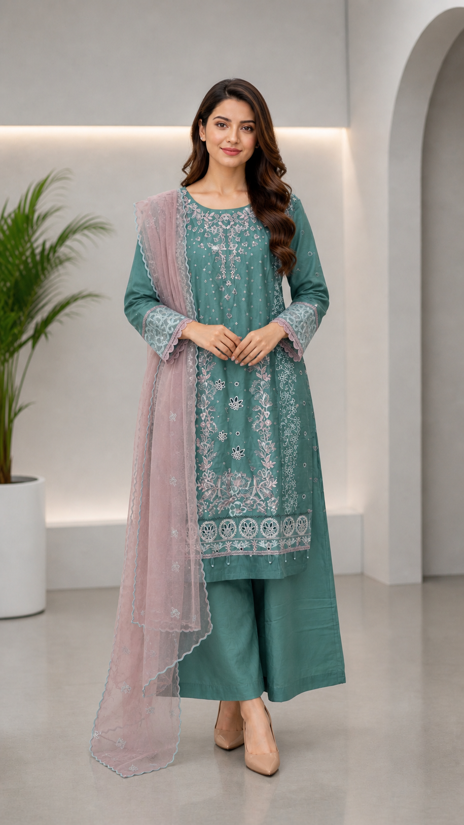 Emerald Green Fully Embroidered Chikankari Suit Set with Plazo & Net Dupatta
