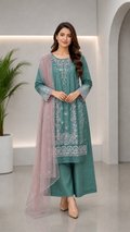 Emerald Green Fully Embroidered Chikankari Suit Set with Plazo & Net Dupatta