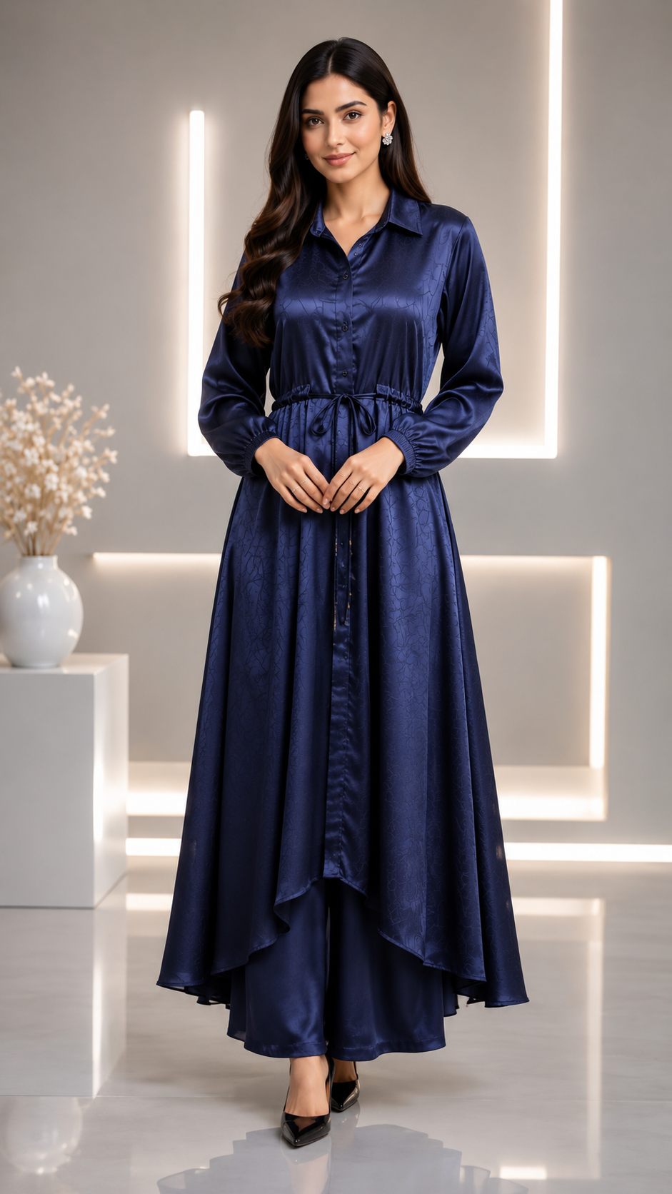 Elegant Blue Silk Long Cord Set with Belt & Plain Trousers