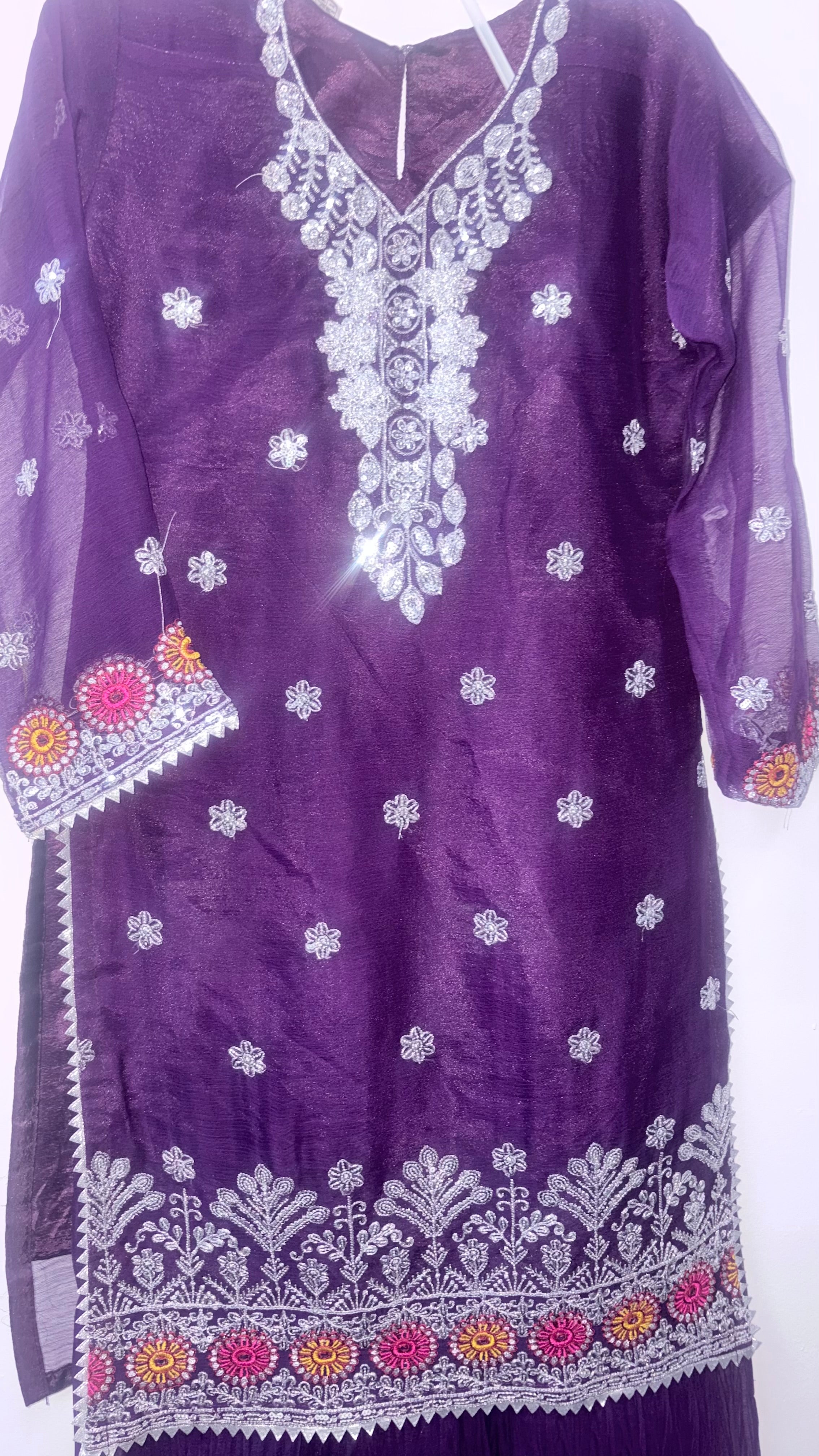 Kids 2-Piece Chiffon Fully Embroidered Sequins Sharara Suit
