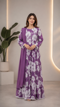 3-Piece Linen Floral Maxi Set with Sequin Work – Plain Trouser & Dupatta