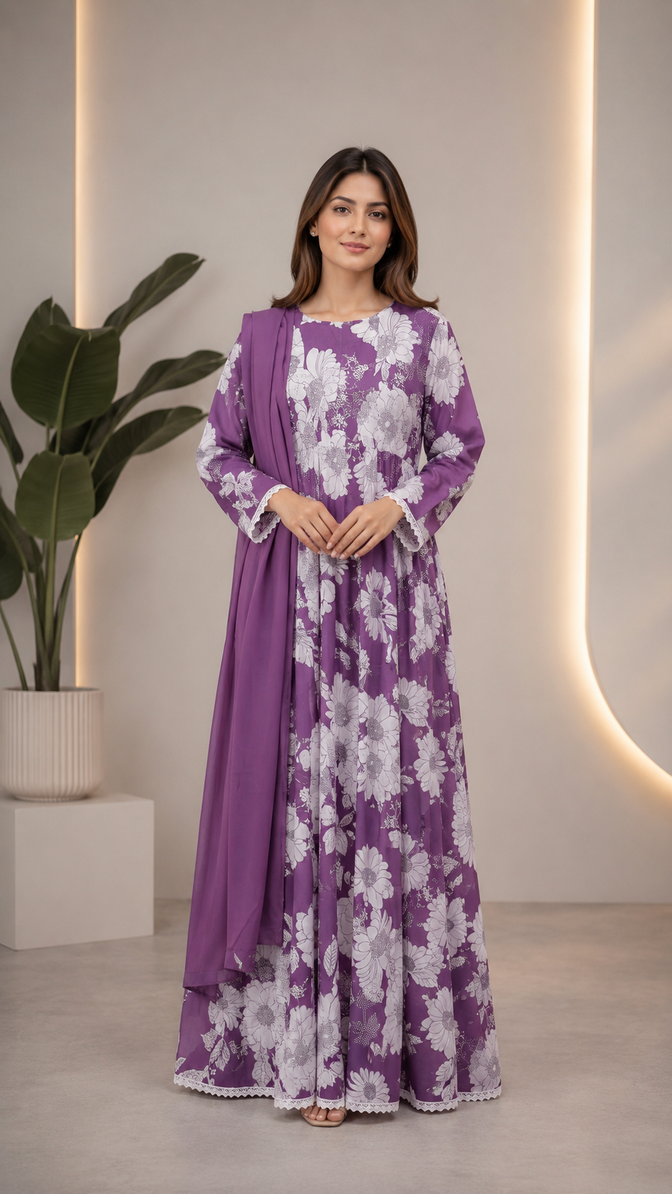 3-Piece Linen Floral Maxi Set with Sequin Work – Plain Trouser & Dupatta