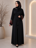 Black Silk Embroidered Abaya with Matching Scarf & Belt