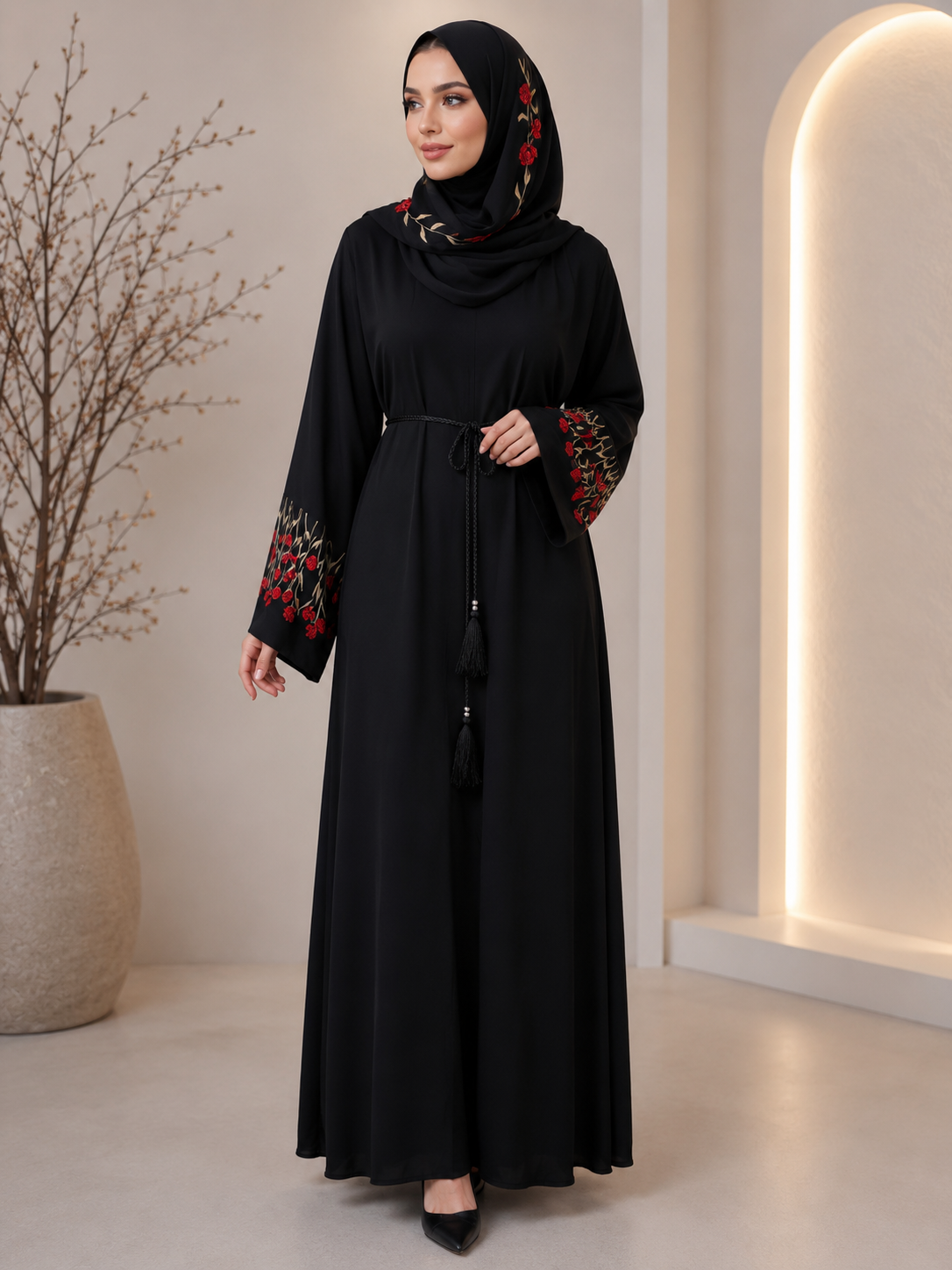 Black Silk Embroidered Abaya with Matching Scarf & Belt
