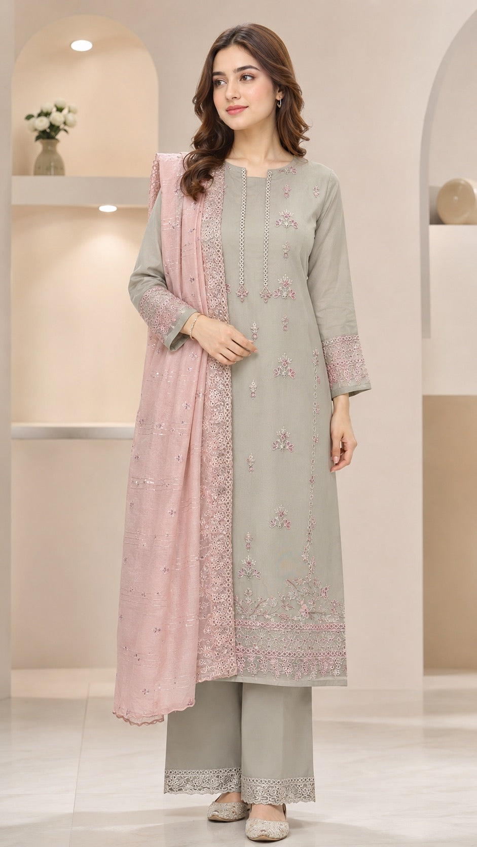 Swiss Lawn Copper Gold & Pink Contrast Fully Embroidered 3-Piece Suit