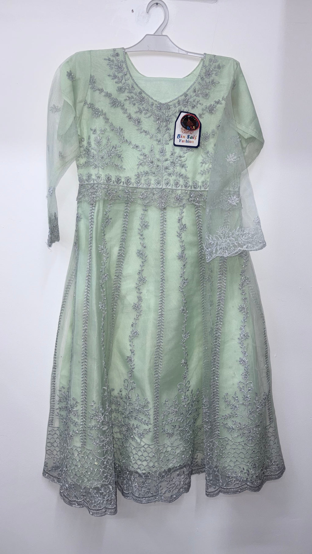 Pastel Mint Green Net 2-Piece Frock Dress with Trousers Set