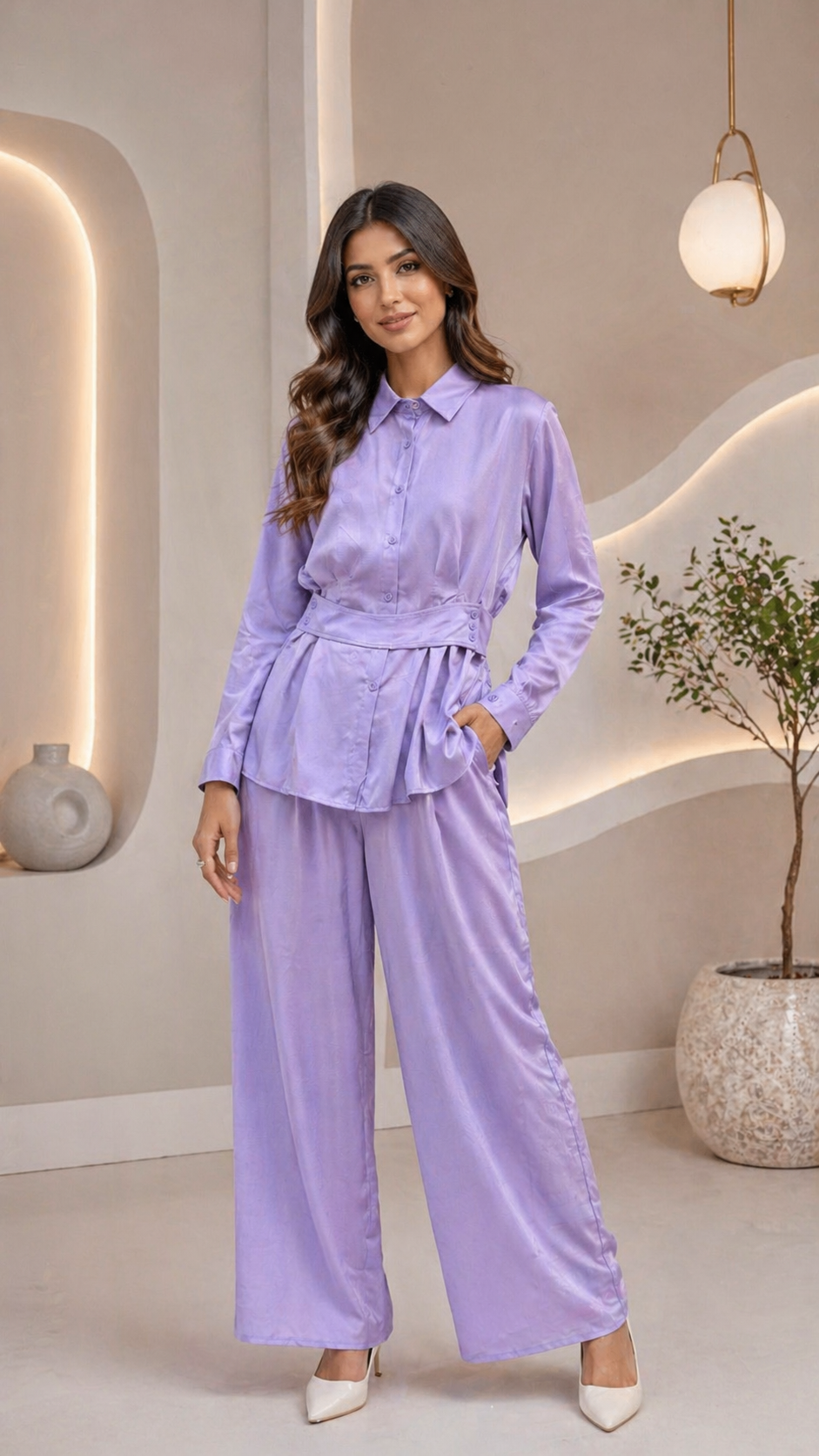 Women’s Lilac colour Silk Cord Set with Belt – Stylish Co-Ord Outfit