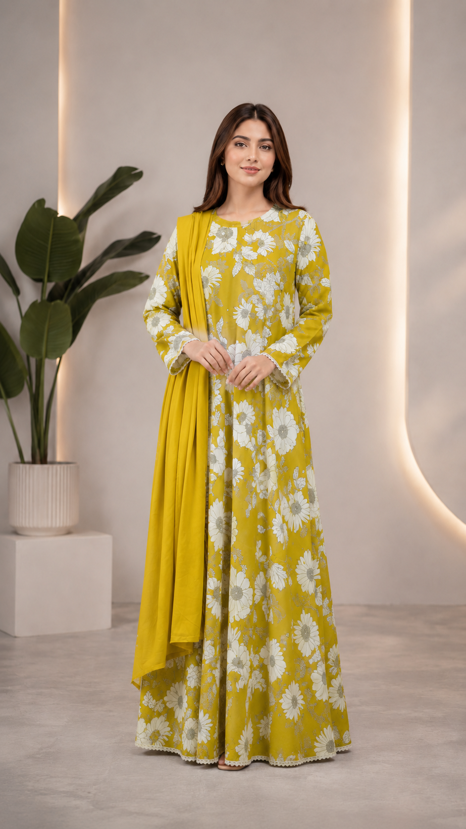 3-Piece Linen Floral Maxi Set with Sequin Work – Plain Trouser & Dupatta