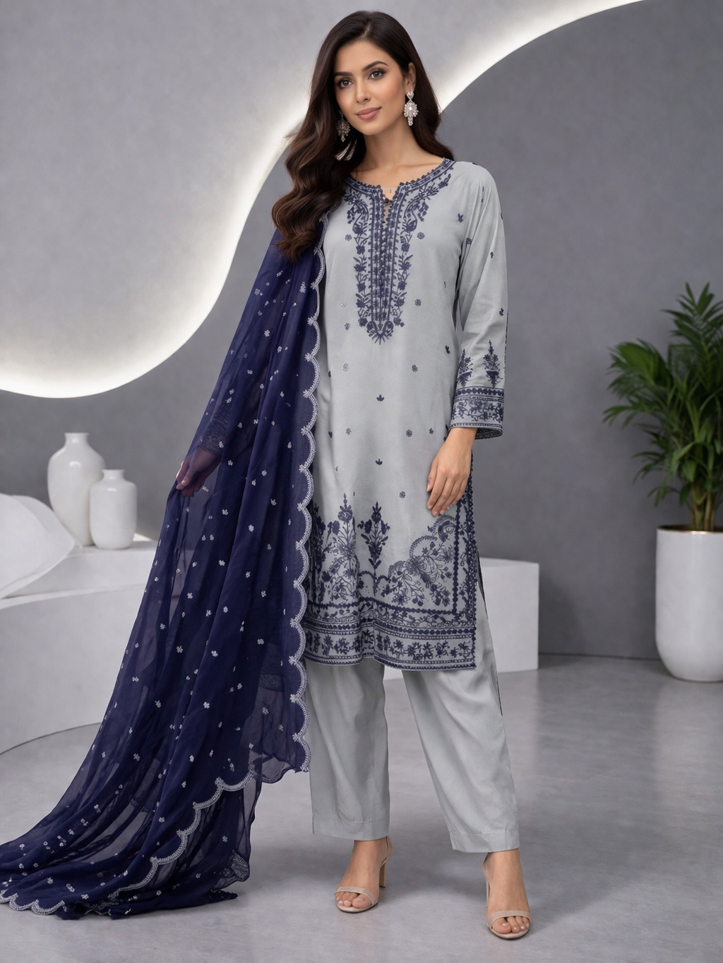 Navy & Mint Blue Embroidered Swiss Lawn 3-Piece Suit
