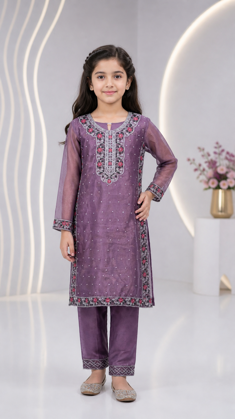 Kids 2-Piece Organza Fully Embroidered Shalwar Kameez