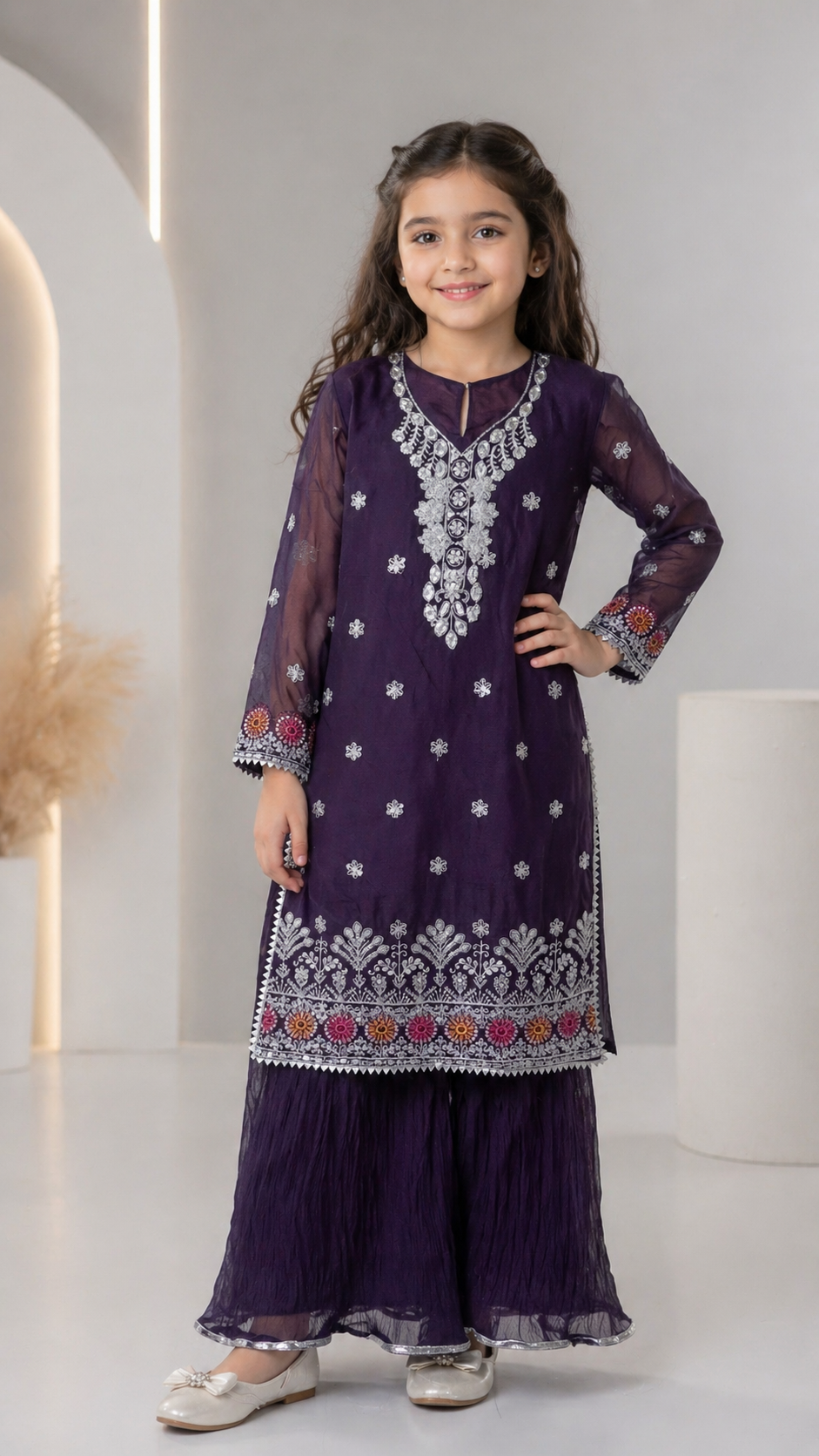Kids 2-Piece Chiffon Fully Embroidered Sequins Sharara Suit