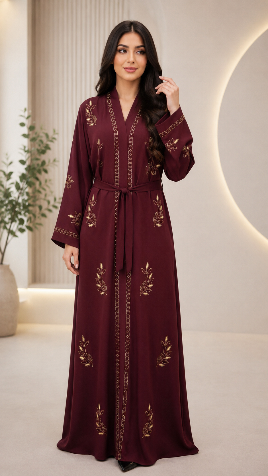 Luxury Mahroon Silky crinkle satin 2-Piece Abaya with Belt