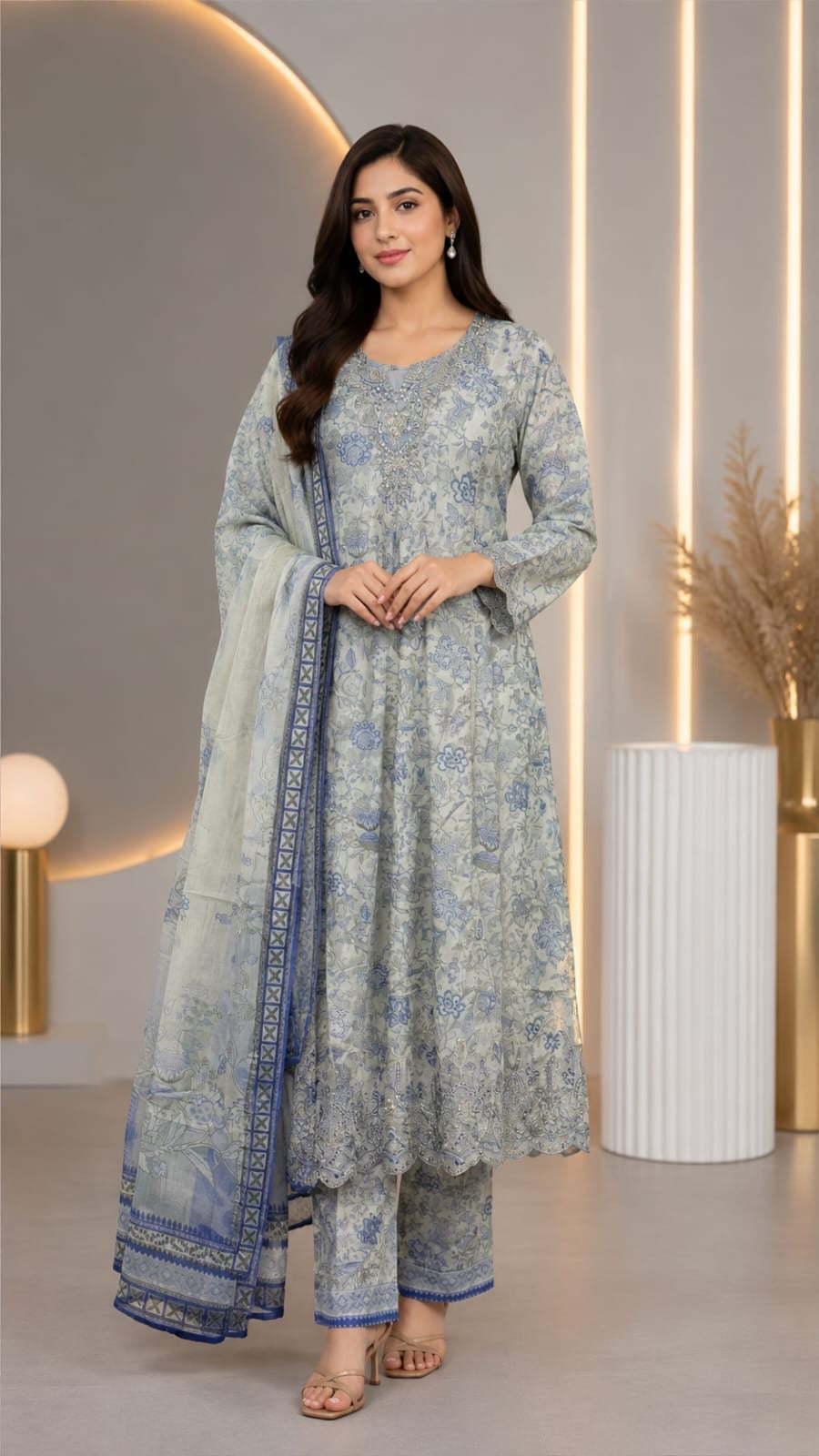 Luxury Lawn Printed Frock with Embroidery – 3 Piece Suit