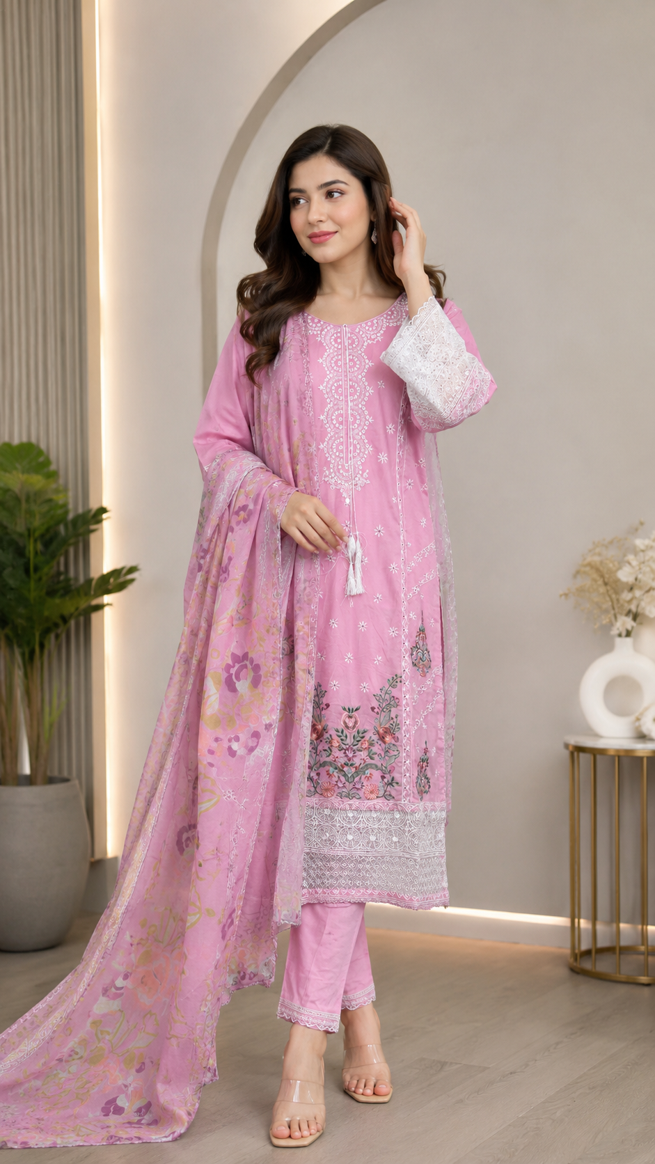 Twin in Style with Your Little One – Soft Summer-Ready in Baby Pink & White 💖” women shalwar kameez