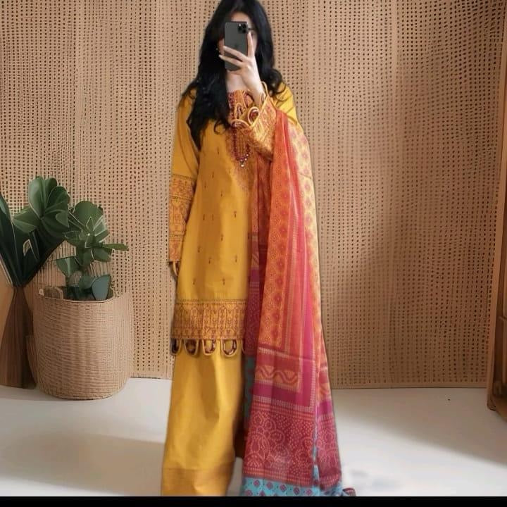Farshi Shalwar Suit with Chiffon Dupatta Yellow & Red Embroidered Cotton