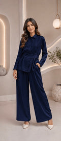 Women’s Navy Blue Silk Cord Set with Belt – Stylish Co-Ord Outfit