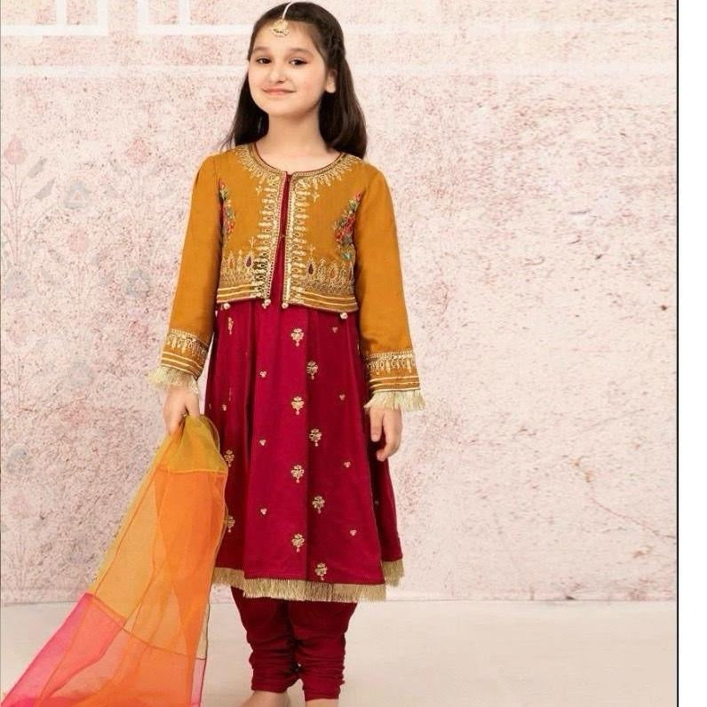 Kids Winter Dhanak Embroidered 3-Piece Suit (Shirt, Trouser & Dupatta)