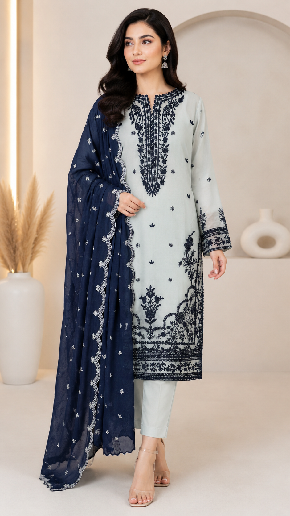 Navy & Mint Blue Embroidered Swiss Lawn 3-Piece Suit