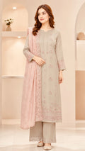 Swiss Lawn Copper Gold & Pink Contrast Fully Embroidered 3-Piece Suit