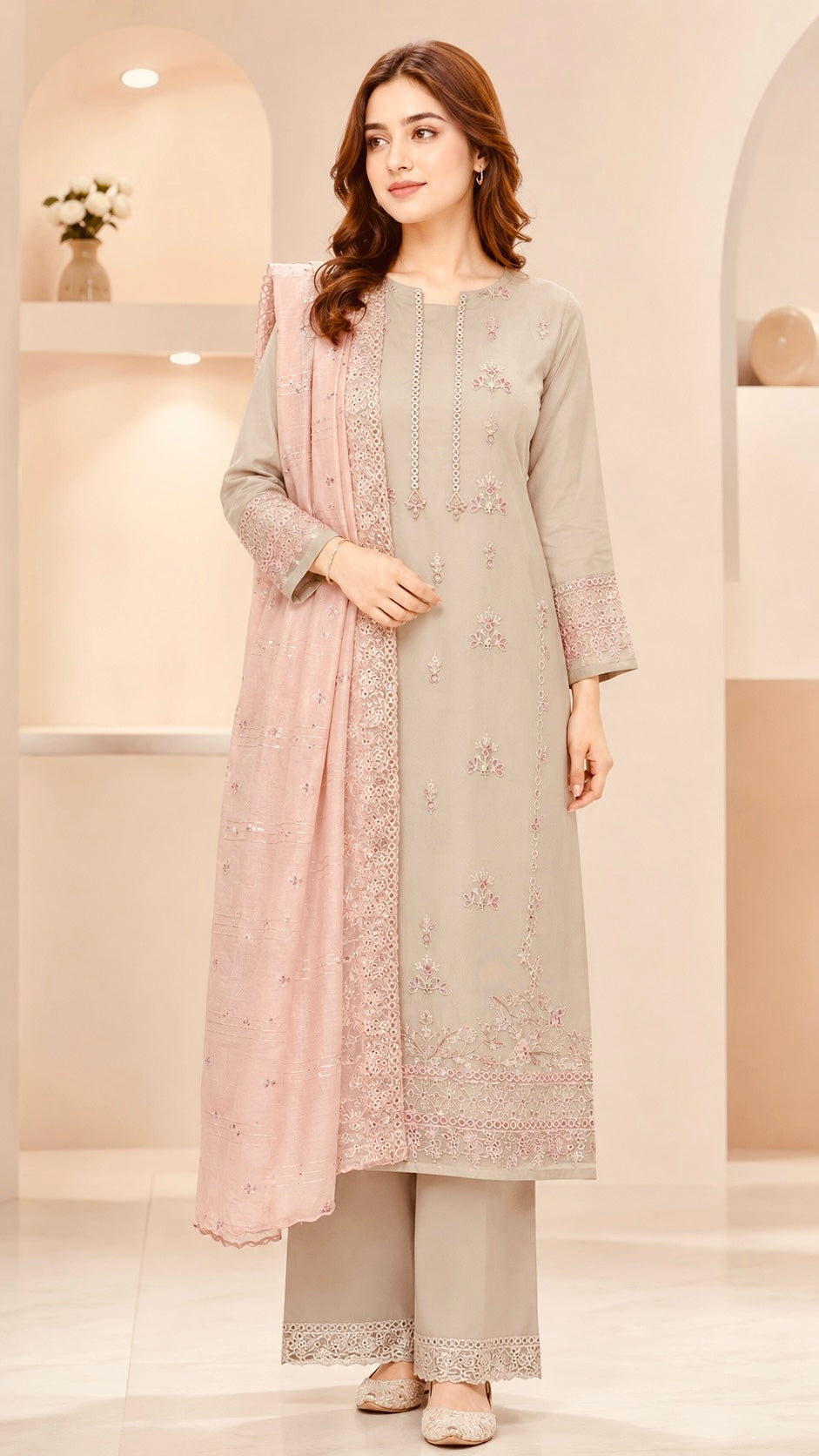 Swiss Lawn Copper Gold & Pink Contrast Fully Embroidered 3-Piece Suit