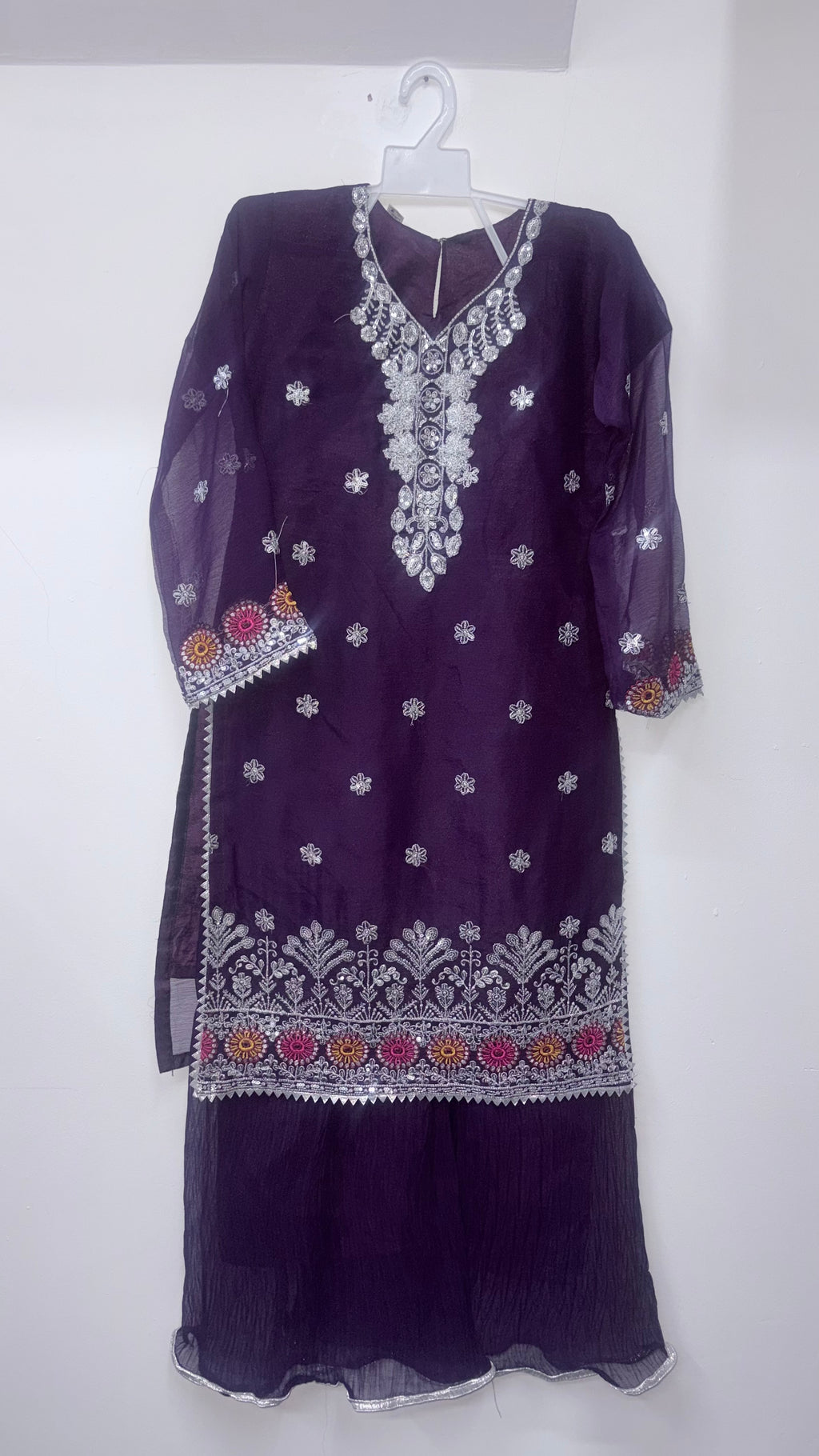 Kids 2-Piece Chiffon Fully Embroidered Sequins Sharara Suit
