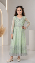 Pastel Mint Green Net 2-Piece Frock Dress with Trousers Set