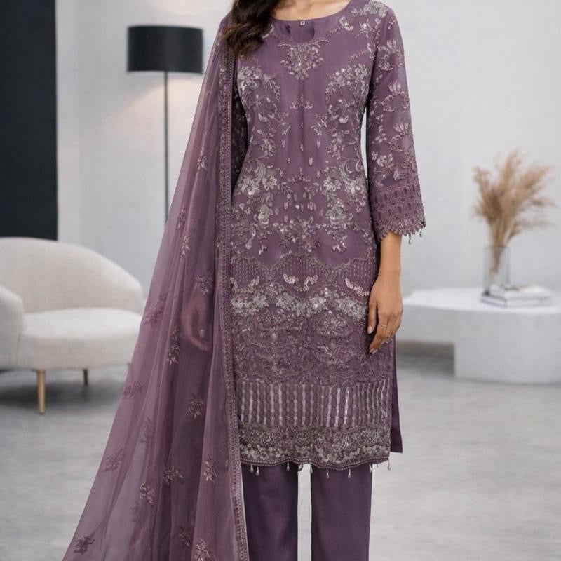Lilac colour chiffon fully embroidered and sequins work 3 peice shalwar kameez