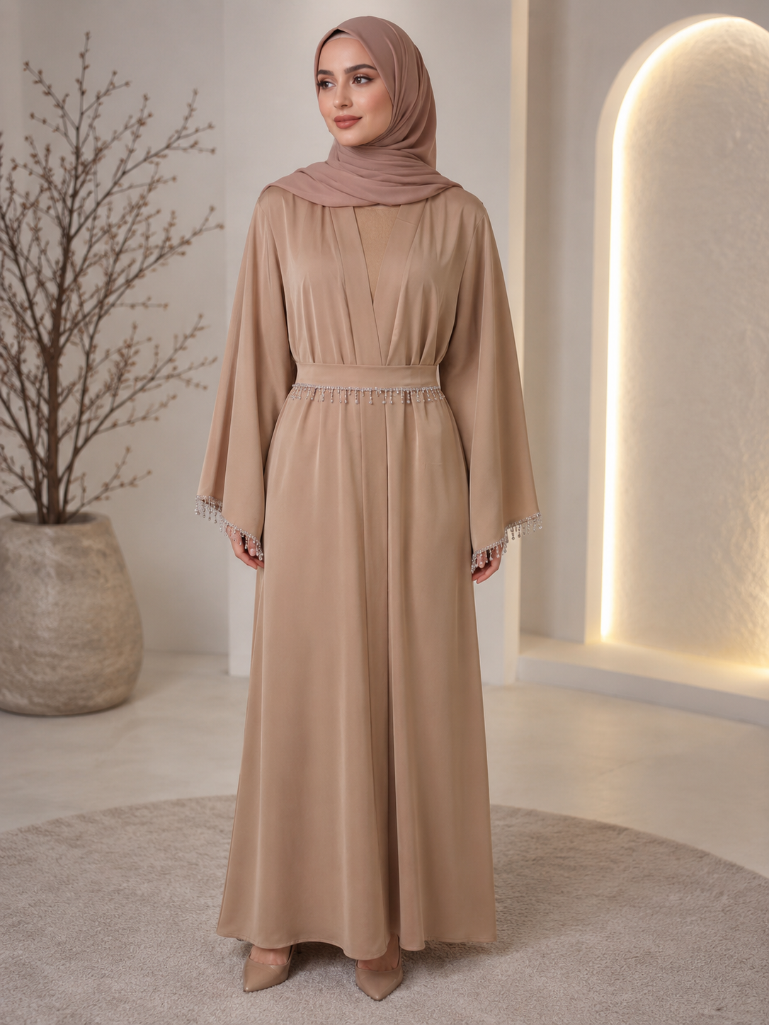 Luxury Gold 4-Piece Abaya Set with Silver Stone Lace Detailing – Hijab & Belt Included