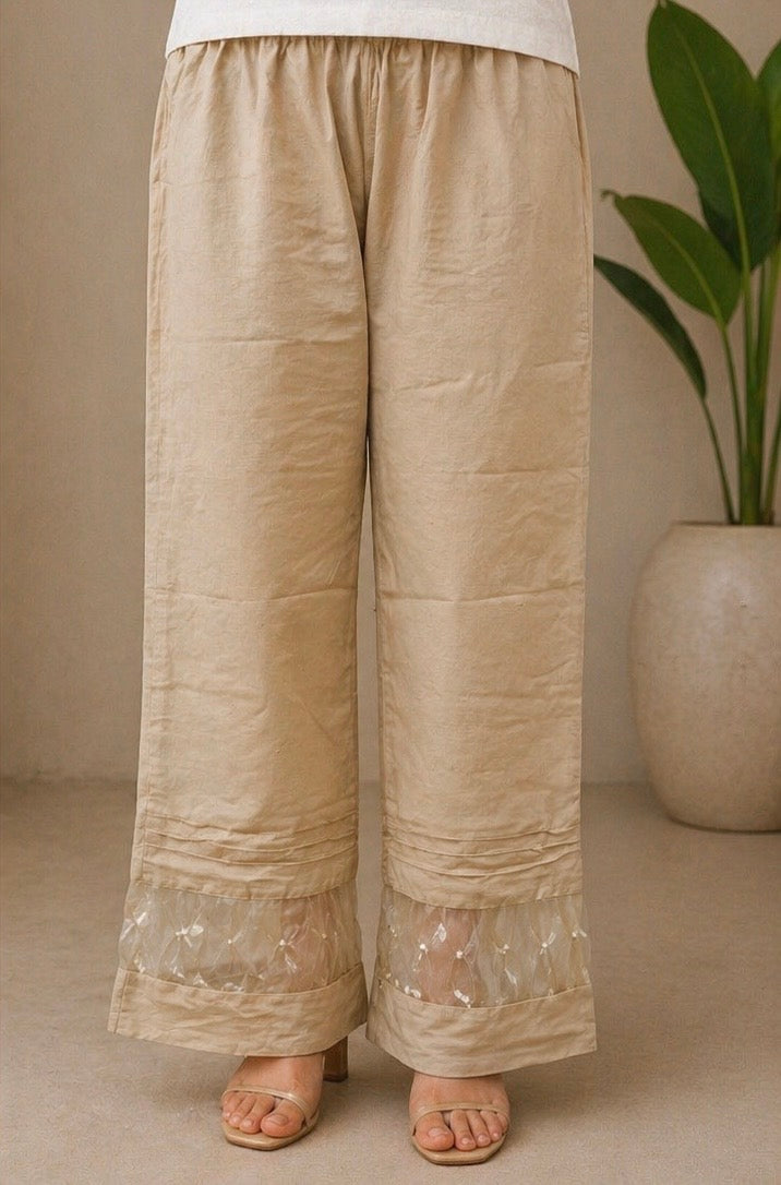 Summer Cotton Embellished Trousers (Beige)