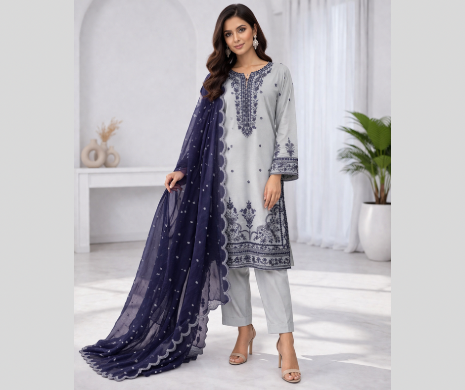 Navy & Mint Blue Embroidered Swiss Lawn 3-Piece Suit