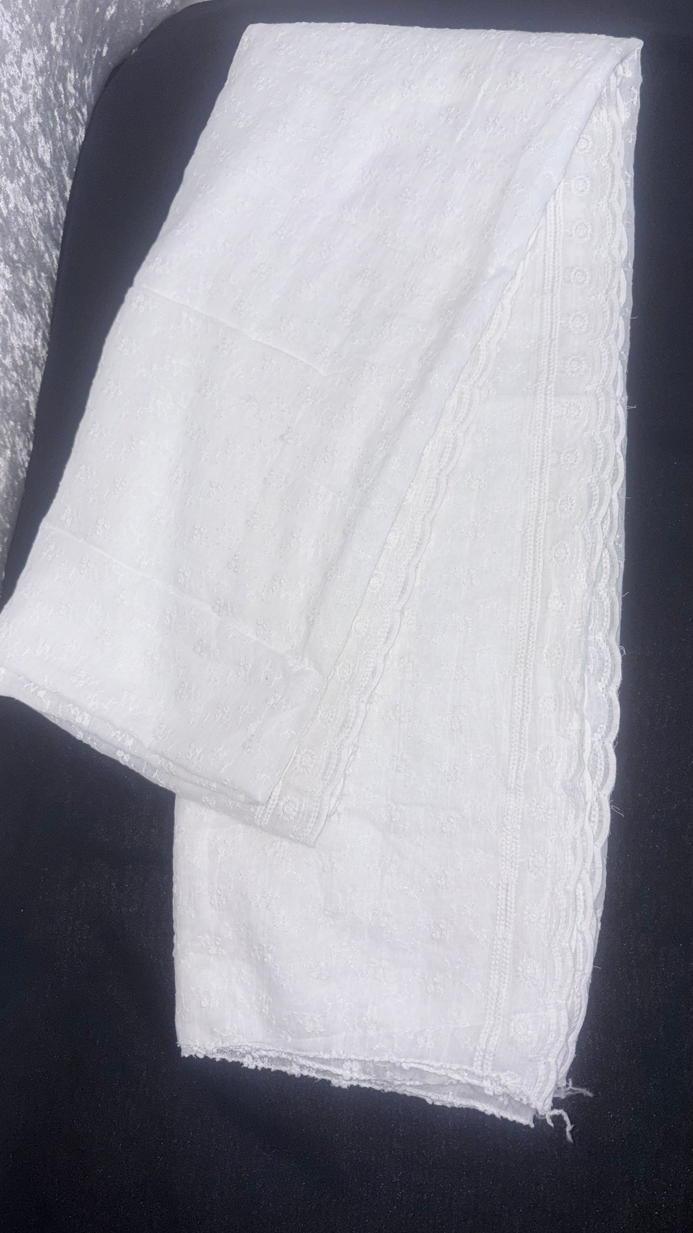Elegant White Lawn Embroidered Dupatta with Cutwork Detailing
