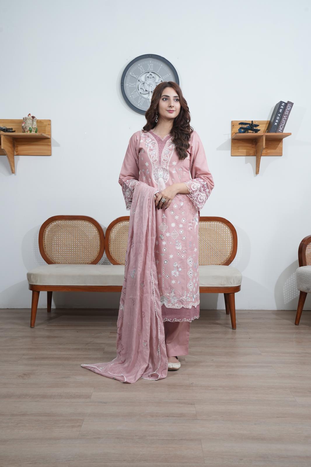 Attire designer  3 peice cotton embroidered suits with embroidered dupatta