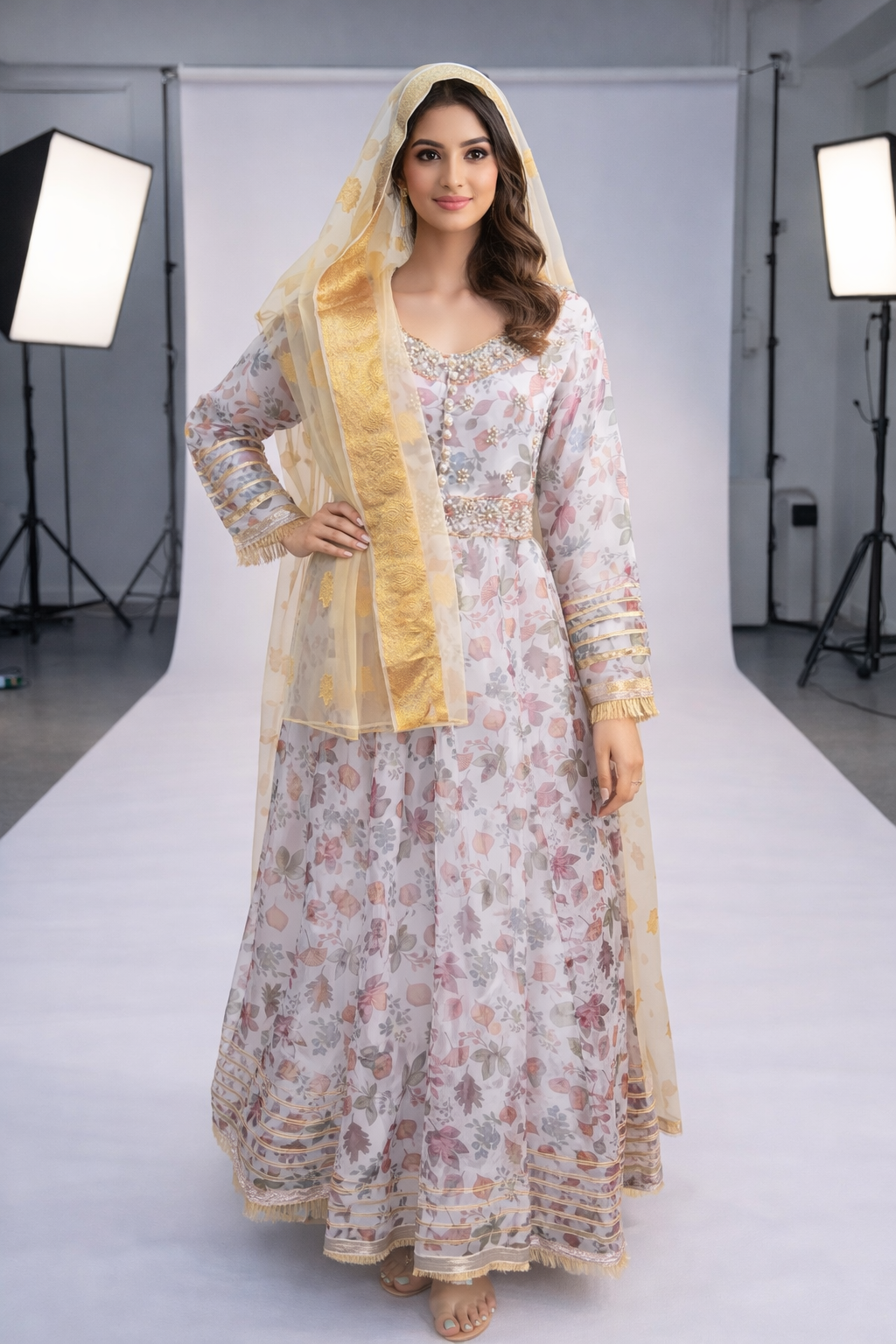 organza printed anarkali frock