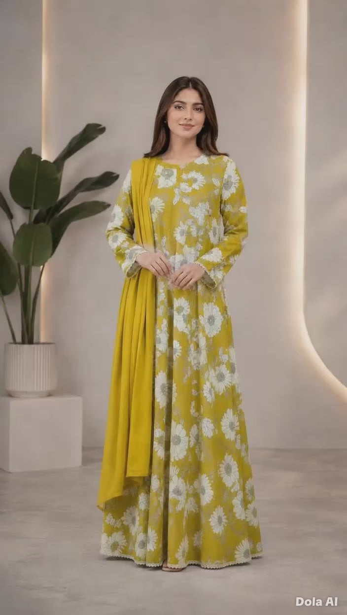 3-Piece Linen Floral Maxi Set with Sequin Work – Plain Trouser & Dupatta