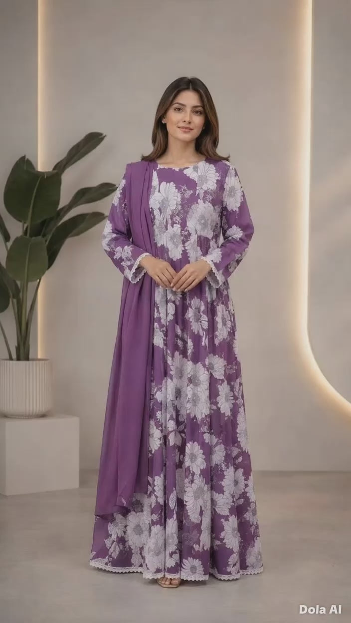 3-Piece Linen Floral Maxi Set with Sequin Work – Plain Trouser & Dupatta