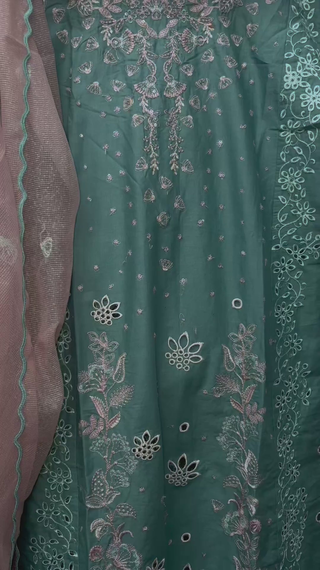 Emerald Green Fully Embroidered Chikankari Suit Set with Plazo & Net Dupatta