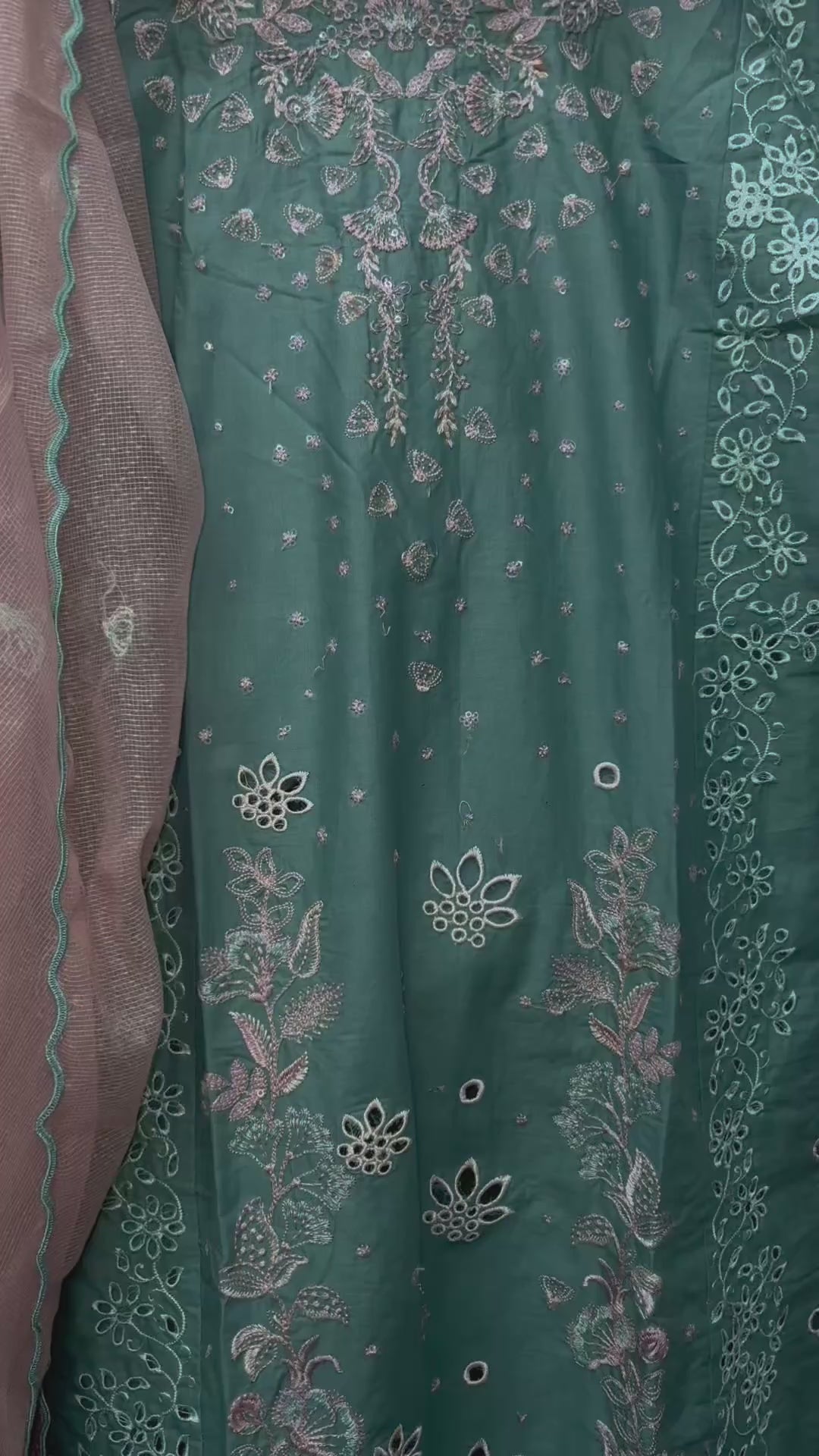 Emerald Green Fully Embroidered Chikankari Suit Set with Plazo & Net Dupatta