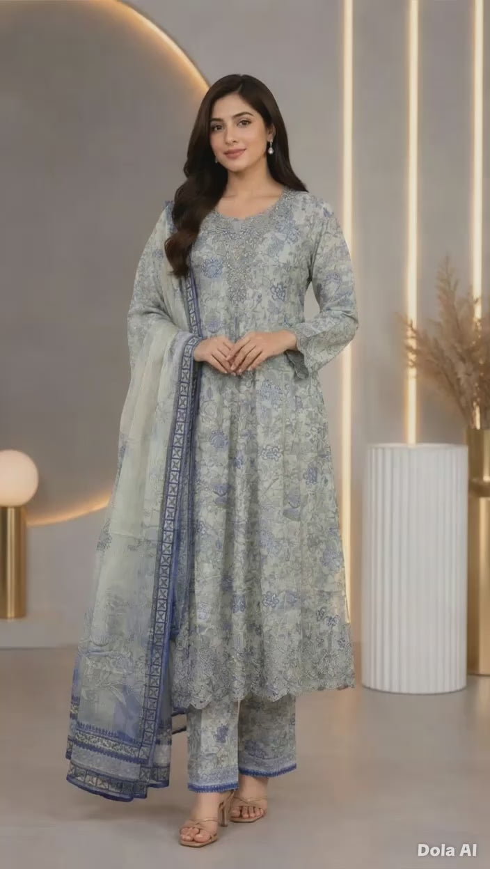 Luxury Lawn Printed Frock with Embroidery – 3 Piece Suit